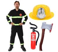 Adults Fire Fighter Costume - XX-Large - Fireman Uniform with Reflective Detail, Yellow Helmet, Inflatable Fire Extinguisher, Inflatable Axe - Funny Stag Do Fancy Dress Costume