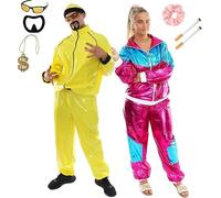 Adults Funny 90's Rapper & Me Julie Costume Set - Small Yellow Tracksuit, Large Pink and Blue Tracksuit, Yellow Sunglasses, Goatee Beard, Gold Chain and Fake Cigarettes - Funny Couples Costume