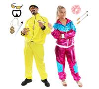 Adults Funny 90's Rapper & Me Julie Costume Set - XX-Large Yellow Tracksuit, Medium Pink & Blue Tracksuit, Yellow Sunglasses, Goatee Beard, Dollar Chain, Fake Spliff, Scrunchie & Fake Cigarettes