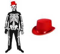 Adults Funny Skeleton Costume - Black Skeleton Jumpsuit, Red Satin Top Hat - Mens Ladies Cartoon Halloween Trick or Treat World Book Day Fancy Dress Costume