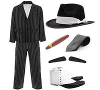 Adults Gangster Costume - Black and White Gangster Pinstripe Suit Jacket, Pinstripe Suit Trousers, Black Fedora White Band, Fake Cigar, Spiv Tash, Black Tie and Spats - 1920's Film & TV Fancy Dress Costume