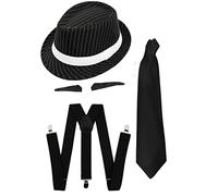 Adults Gangster Fancy Dress Costume 1920s Mob Boss - Black Pinstripe Trilby Hat + Tash + Black Tie + Black Braces