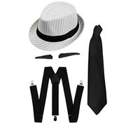 Adults Gangster Fancy Dress Costume 1920s Mob Boss - White Pinstripe Trilby Hat + Tash + Black Tie + Black Braces