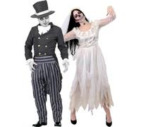 Adults Ghost Couple - Ripped White Ghost Bride Wedding Dress + Black Ghost Groom Suit - His And Hers Ghost Zombie Wedding (Bride: Medium | Groom: X-Large)