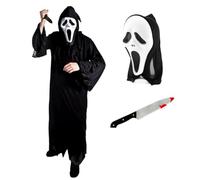 Adults Ghost Killer Halloween Costume - Black Hooded Robe, Screaming Ghost Mask & 12" Bloody Knife Prop - Scary TV Film Fancy Dress Outfit for Men - Horror Movie Cosplay - Small