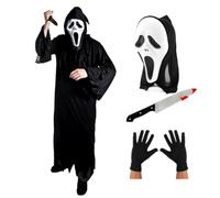Adults Ghost Killer Halloween Costume - Black Hooded Robe, Screaming Mask, Gloves & 12" Bloody Knife Prop - Scary TV Film Fancy Dress Outfit for Men - Horror Movie Cosplay - Small