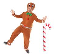 Adults Gingerbread Man Christmas Costume with 82cm Inflatable Candy Cane - Unisex Brown Top with Green Bowtie, Gingerbread Hood & Trousers - Festive Xmas Fancy Dress for Men & Women
