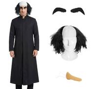 Adults Gnome Wizard Villain Costume Set - Long Black Sorcerer Robe with Bald Black Wig, Large Prosthetic Nose and Bushy Eyebrows - Fancy Dress for Halloween and Cartoon Theme Parties