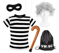 Adults Granny Burglar Fancy Dress Costume - Shirt Grey Wig Necklace Bag Inflatable Stick Mask Book Week Mens Womens - S