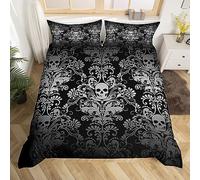 Adults Gray Damask Bedding Set Antique Victorian Baroque Duvet Cover Double,Gothic Vintage Floral Comforter Cover Exotic Sugar Skull Quilt Cover,Gothic Bone Skeleton Bohemian Decor,Black