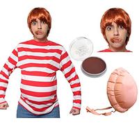 Adults Greedy Golden Ticket Winner Costume - Medium - Red and White Striped T-Shirt, Ginger Wig, Brown Facepaint and Inflatable Belly - Adults World Book Day Book W ancy Dress Costume