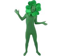 Adults Green Four-Leaf Clover Second Skin Costume - Small - Full Body Green Bodysuit with Large Clover Headpiece - Lucky Irish Fancy Dress for St. Patrick's Day, Festivals and Themed Parties