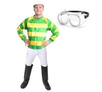 Adults Green & Yellow Jockey Costume With Goggles - Yellow and Green Jockey Jacket, White Trousers, Jockey Hat and Goggles - Perfect for Sports & Fancy Dress