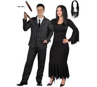 Adults Halloween Couples Costume - S + M - Pinstripe Suit Jacket & Trousers, Spiv Tash and Cigar, Ragged Black Dress and Long Black Wig - Adults Deluxe Couples Halloween Fancy Dress Costume
