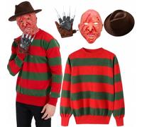 Adults Halloween Freddy Costume - Red/Green Jumper, Explorer Hat, Burnt Mask With Glove Claw Unisex 4Pcs Halloween Fancy Dress Costume Elm Street Outfit