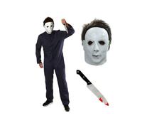 Adults Halloween Killer Costume - Medium - Blue Jumpsuit, Over-the-Head Latex Mask with Hair, Fake Knife Prop - Mens Halloween TV Film Horror Icon Fancy Dress Costume
