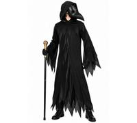 Adults Halloween Plague Doctor Costume with Gold Cane, Mask & Gloves Set | black tunic, beak mask, gold-top cane, black gloves, sizes S-XXXL, halloween fancy dress