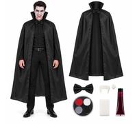 Adults Halloween Vampire Costume Kit Cape Bow Tie Fangs Face Paint Set | Black Victorian cape with stand-up collar, satin bow tie, dental putty fangs, red white grey black face paint palette