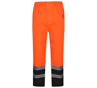 Adults Hi Vis Waterproof Trousers Utility Work Pants Outdoor Work Rain Trousers Mens Womens Hi Viz Two Tone Plain Pants High Visibility Rain Wear Trousers (Orange/Navy Large)
