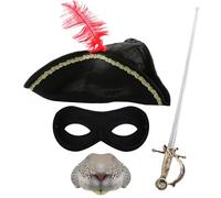 Adults Highwayman Rodent Accessory Set - Black Tricorn Hat with Red Feather, Rat Nose, Foil Sword, Black Eye Mask - Mens Womens Halloween World Book Day Fancy Dress Costume Accessories