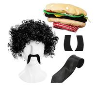 Adults Hitman Accessory Set - Burger Hat, Black Afro Wig, Black Necktie, Adhesive Black Sideburns and Adhesive Black Moustache - Perfect for Movie Character Dress Up and Other Fancy Dress Events