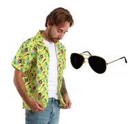 Adults Hollywood Stuntman Costume - Medium - Yellow Shirt With Hawaiian Print and Gold Frame Sunglasses - Perfect for Movie Character Fancy Dress and Other Fancy Dress Events