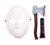 Adults Horror Mask, Inflatable Axe & Fake Blood Set - White Hockey-Style Mask, Bloody Axe Prop & Tube of Fake Blood - Halloween Killer Fancy Dress Costume Accessories