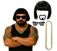 Adults Ibiza Final Boss Costume Accessory Set - Black Wig, Goatee Stick On, Gold Chain & Black Shades - Funny Fancy Dress Costume Kit for Festivals & Parties