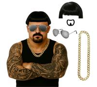 Adults Ibiza Final Boss Costume Accessory Set - Bowl Cut Wig, Goatee Stick On, Gold Chain & Glasses - Funny Fancy Dress Costume Kit for Festivals & Parties