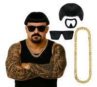 Adults Ibiza Final Boss Costume Accessory Set - Bowl Cut Wig, Goatee Stick On, Gold Chain With Black Oversized Glasses - Funny Fancy Dress Costume Kit for Festivals & Parties