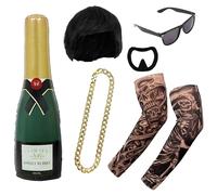 Adults Ibiza Final Boss Costume Set with Bowl Cut Wig Fake Tattoo Sleeves Gold Chain Shades 6ft Inflatable Champagne Bottle and Stick-On Goatee - Funny Stag Do Festival Fancy Dress Outfit
