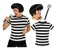 Adults Jailhouse King of Rock Costume - Small - Black & White Striped T-Shirt, 50s Wig, Microphone - Mens Womens 1950s Rock n Roll Music Icon Fancy Dress Costume