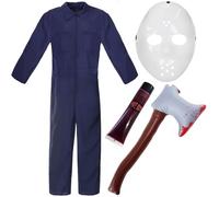 Adults Jason Costume - Navy Blue Boiler Suit, White Hockey Mask, Inflatable Axe and Fake Blood - Adults Halloween TV Film Fancy Dress Costume
