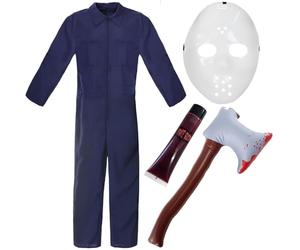 Adults Jason Costume - Navy Blue Boiler Suit, White Hockey Mask, Inflatable Axe and Fake Blood - Adults Halloween TV Film Fancy Dress Costume