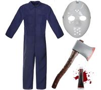 Adults Jason Costume - Navy Blue Boiler Suit, White Hockey Mask, Plastic Axe and Fake Blood - Adults Halloween TV Film Fancy Dress Costume