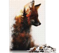 Adults Jigsaw Puzzles 1000 Pieces Red Fox Double Exposure Jigsaw Creative Rectangular Puzzles Decompressing Game 38x26cm/1000pcs
