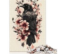 Adults Jigsaw Puzzles 500 Pieces Raven with Pink Flowers Puzzle Jigsaw Interacting with Family Members 500pcs (52x38cm)