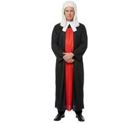 Adults Judge Costume Set - Traditional Black Robe with Red Panel, White Collar & Curly Judge Wig - Mens Womens Unisex Legal Courtroom Fancy Dress Costume