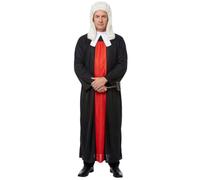 Adults Judge Costume Set - Traditional Black Robe with Red Panel, White Collar, Curly Judge Wig & Prop Gavel - Mens Womens Unisex Legal Courtroom Fancy Dress Costume
