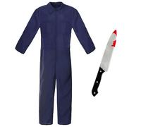 Adults Jumpsuit & Knife Costume - Medium - Navy Blue Jumpsuit and Fake Plastic Knife - Adults Halloween Fancy Dress Costume