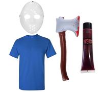 Adults Killer Costume Set - Large - White Hockey-Style Mask, Blue T-Shirt, Inflatable Bloody Axe & Fake Blood - Halloween Horror Fancy Dress Outfit