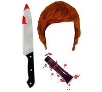 Adults Killer kids Ginger Doll Fancy Dress Costume Set and Kit - 80s childs Doll Killer Kid Movie Costume for Adults With Fake Blood and Bloody Knife Set and Costume Kit