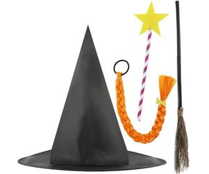 Adults Kind Witch Costume Set with Hat Broomstick Wand and Plait - Storybook Inspired Magic Costume Accessories for Teachers Book Week World Book Day Halloween and Dress Up Parties