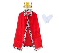 Adults King Costume Set, 3Pcs Royal King Queen Costume, Red Cow Pattern Cloak 120cm with Tie + Adjustable Crown with Hook-and-Loop Closure + Elastic White Gloves, Halloween Party Cosplay Stage Outfit