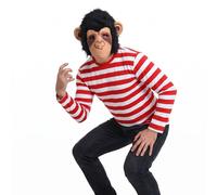 Adults King of Pop Chimp Costume Striped Top Monkey Mask 80s Fancy Dress