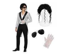Adults King of Pop Costume Silver Sequin Tailcoat Wig Glove Set