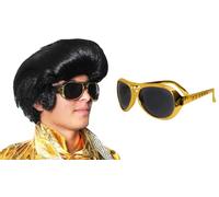 Adults King of Rock Accessory Set - Pack of 1 - Black Quiff Wig with Sideburns and Gold Sunglasses - Mens 1950s Rock n Roll Musician Fancy Dress Costume Accessory Set