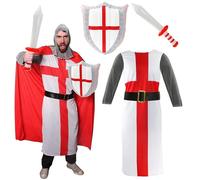 Adults Knight Costume & Inflatable Sword & Shield - Large - Tunic With Black Belt, Red Cape, Chain Mail Headpiece and Inflatable Sword and Shield - Perfect for Sporting Events, English Celebrations
