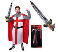 ADULTS KNIGHTS TEMPLAR FANCY DRESS COSTUME - INCLUDES FULL ST GEORGES KNIGHT COSTUME WITH LARGE 29.5" SWORD AND FAKE BLOOD
