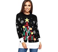 Adults Knitted Xmas Jumper, Premium Winter Warm A Very Merry Christmas Printed 3D Pom Pom Sweater, Festive Tree Long Sleeve Top for Women & Girls, Funny Holiday Pullover Plus Size S-3XL, Black-S-M